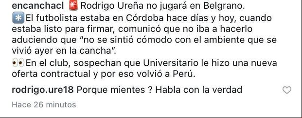 La respuesta de Rodrigo Ureña en Instagram a la publicación del periodista César Luis Merlo en conjunto con el medio chileno En Cancha.