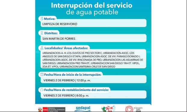 Sedapal informó qué distritos no tendrán agua este viernes 2 de febrero. (Foto: Twitter)