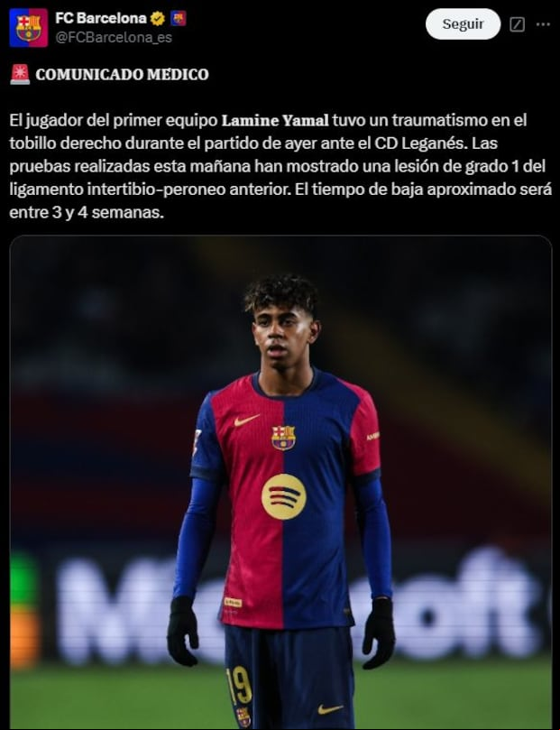 El comunicado oficial del Barcelona sobre la lesión de Lamine Yamal. (X)