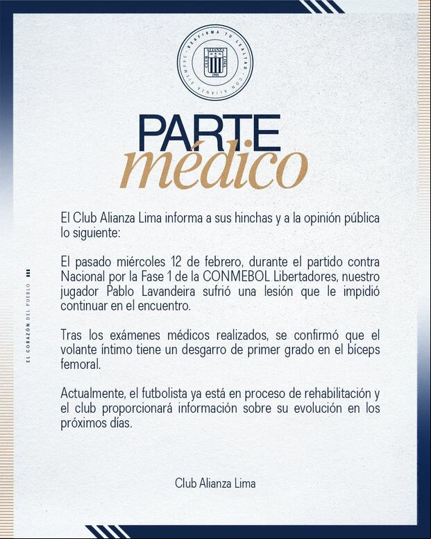El parte médico de Alianza Lima sobre Pablo Lavandeira. (Imagen: Alianza Lima)