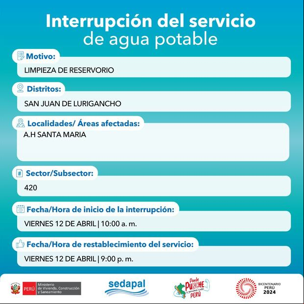 Sedapal anunció las zonas de Lima Metropolitana que no contarán con servicio de agua este 12 de abril. (Foto: Sedapal)