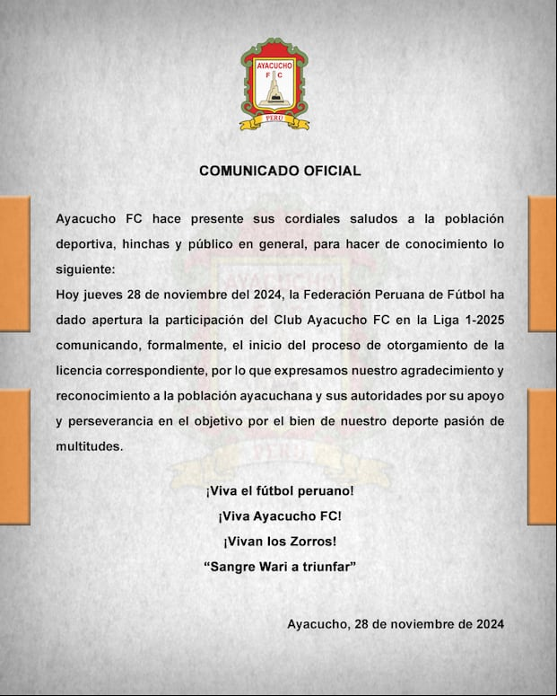 Comunicado de Ayacucho FC este jueves 28 de noviembre. (Foto: Ayacucho FC)