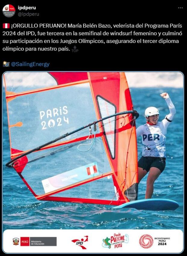 María Belén Bazo fue tercera en semifinal de windsurf femenino y aseguró diploma. (Foto: IPD)