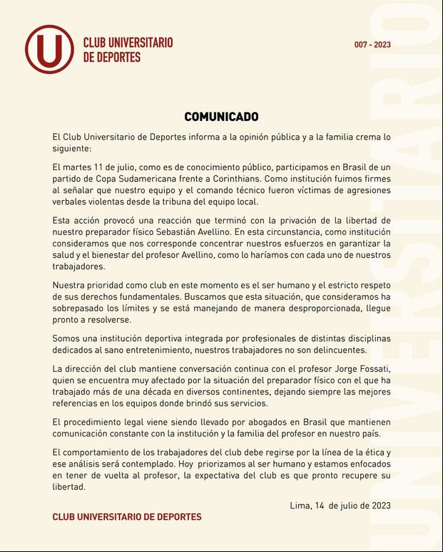El comunicado de Universitario sobre la situación de Sebastián Avellino. (Imagen: Universitario)
