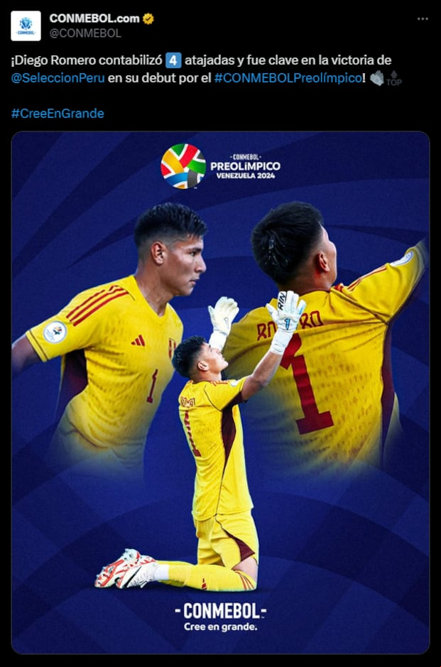 Conmebol destacó la actuación de Diego Romero en el debut ante Chile, por el Preolímpico. (Foto: Twitter)
