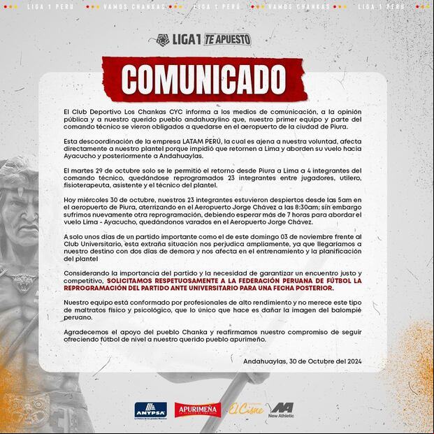 Comunicado de Los Chankas. (Imagen: Instagram)
