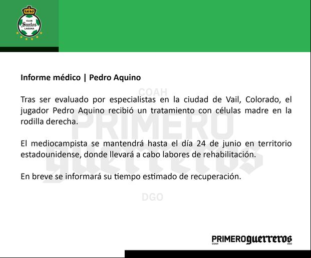 Informe médico sobre Pedro Aquino. (Foto: @ClubSantos).