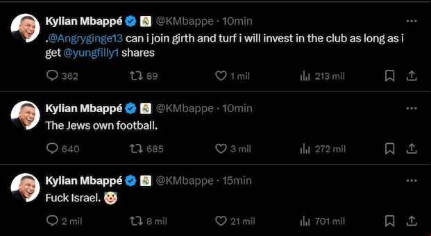 Hackearon a Mbappé: los mensajes que publicó en 'X'. (Foto: X)