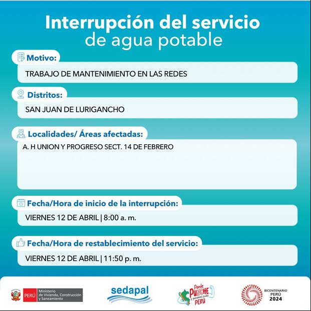 Sedapal anunció las zonas de Lima Metropolitana que no contarán con servicio de agua este 12 de abril. (Foto: Sedapal)
