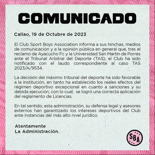 Sport Boys se pronunció sobre fallo del TAS.