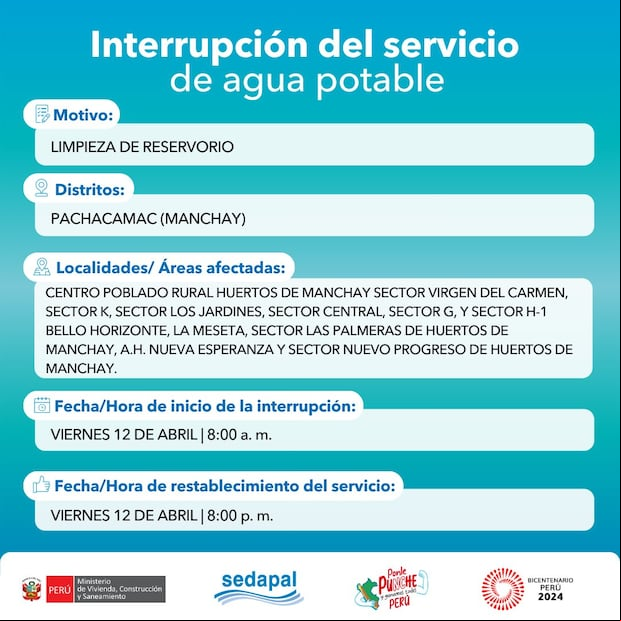 Sedapal anunció las zonas de Lima Metropolitana que no contarán con servicio de agua este 12 de abril. (Foto: Sedapal)