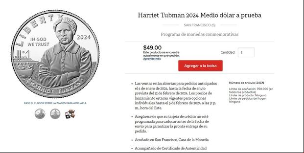 Moneda conmemorativa de plata Harriet Tubman 2024 (Foto: United States Mint)