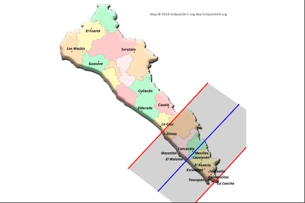La trayectoria del eclipse total de 2024 a través de Sinaloa. (Foto: Eclipse2024.org)