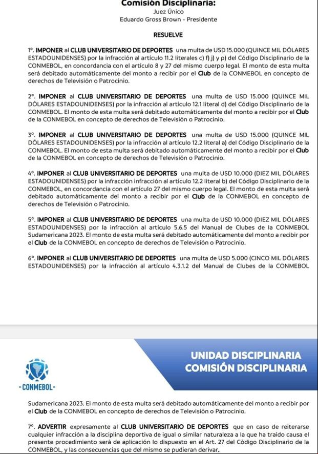 Comisión Disciplinaria de la Conmebol sancionó a Universitario. (Foto: Conmebol)