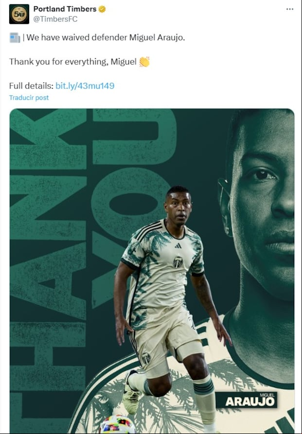 Portland Timbers anunció así la salida de Miguel Araujo. (Foto: Portland Timbers)