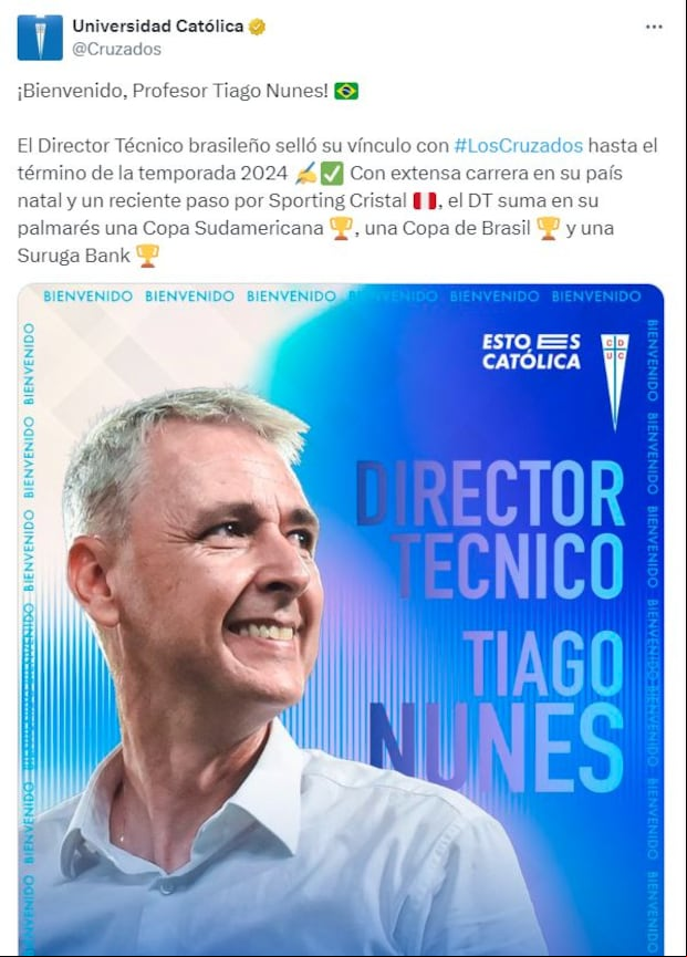 El anuncio de Católica sobre la llegada de Nunes al banquillo cruzado.