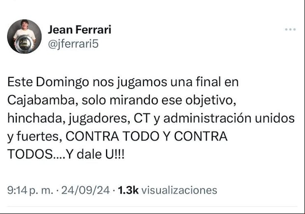 Jean Ferrari y su comentario en redes sociales tras la polémica sobre el título del 34'. (X)