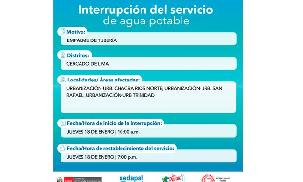 Sedapal informó qué distritos no tendrán agua este jueves 18 de enero. (Foto: Twitter)