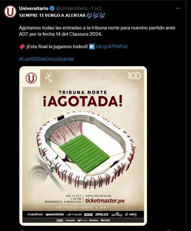 La tribuna norte para el Universitario vs. ADT ya se encuentra agotada.