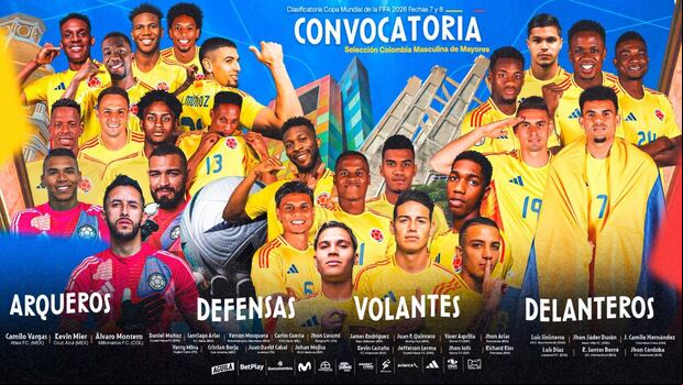 La lista de Colombia para la fecha doble de las Eliminatorias. (Foto: @FCFSeleccionCol)