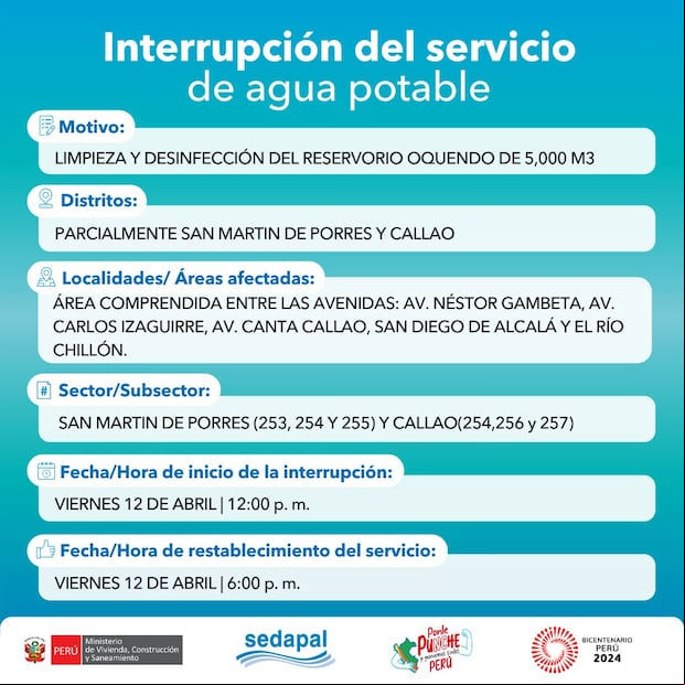 Sedapal anunció las zonas de Lima Metropolitana que no contarán con servicio de agua este 12 de abril. (Foto: Sedapal)