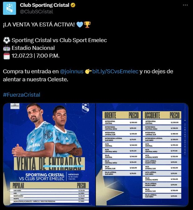 Lista de precios para el partido de Sporting Cristal vs. Emelec. (Foto: Twitter)