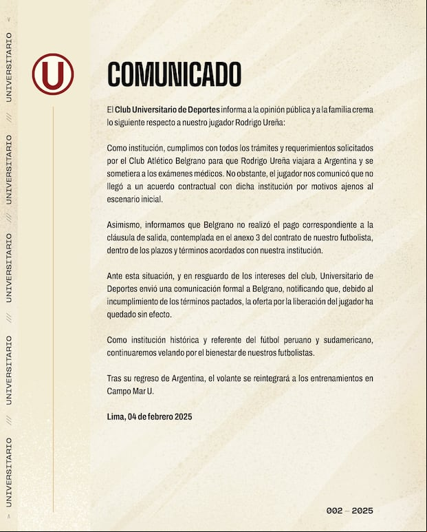 Comunicado de Universitario de Deportes donde explica los detalles del fallido traspaso de Rodrigo Ureña a Belgrano y su regreso a Campo Mar.