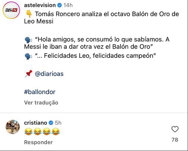El 'like' y comentario de Cristiano Ronaldo en una publicación sobre Lionel Messi y su nuevo Balón de Oro.