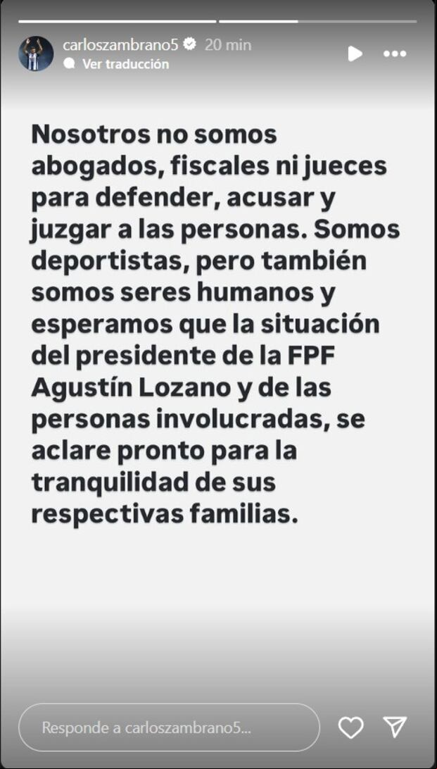 Comunicado de Carlos Zambrano vía redes sociales tras detención de Agustín Lozano. (Foto: Captura de Instagram).