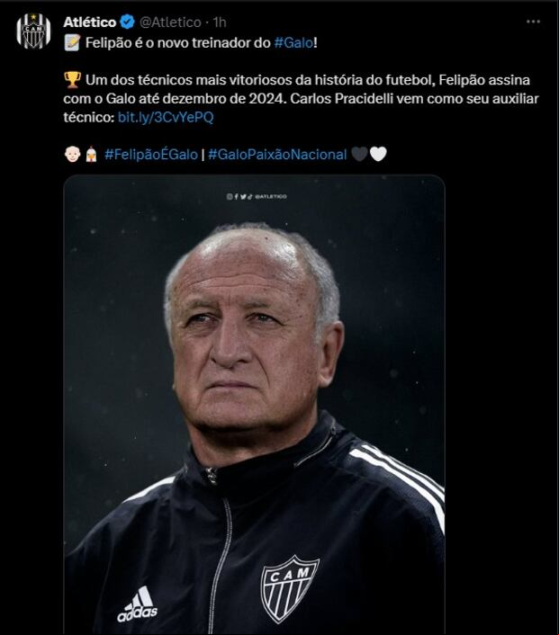 Atlético Mineiro anunció a Scolari como nuevo DT. (Foto: Twitter)