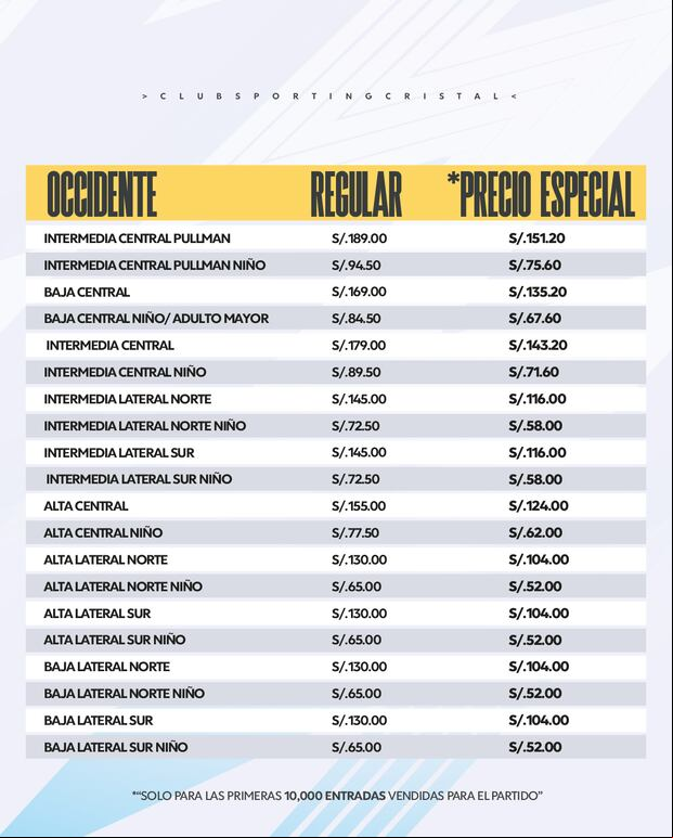 Precios de las entradas para la 'Tarde Celeste 2024'. (Imagen: Sporting Cristal)