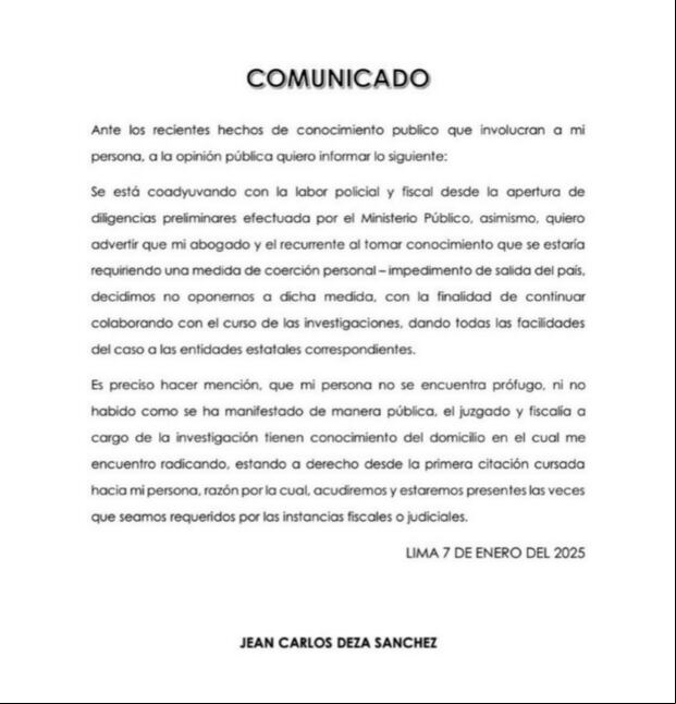 El comunicado de Jean Deza. (Imagen: Instagram)
