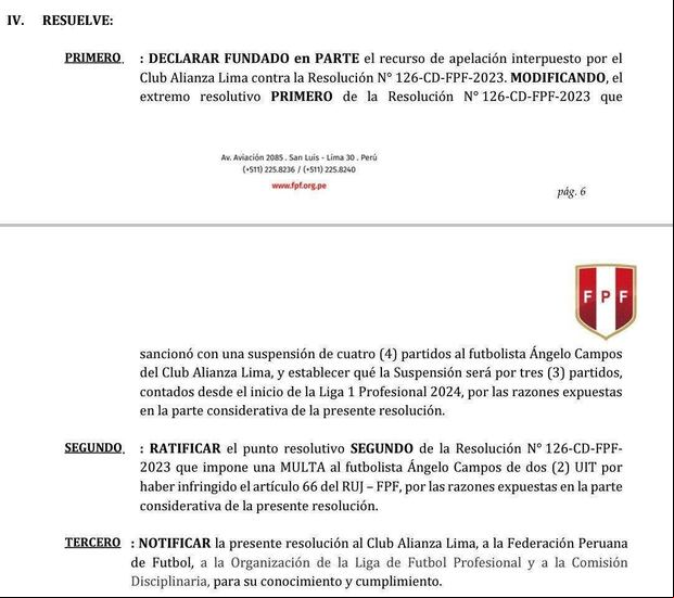 La resolución de la Comisión Disciplinaria de la FPF. (Foto: FPF)