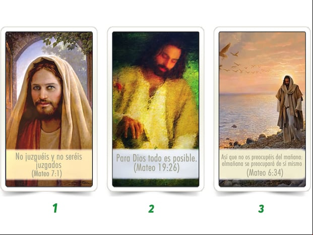 ¿Sientes la necesidad de recibir un mensaje de amor y esperanza? Este test visual te acerca a la palabra de Jesús a través de un mensaje personalizado. Solo tienes que elegir una de las tres cartas y leer el mensaje que tiene para ti.