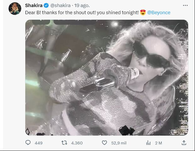 Shakira agradece a Beyoncé su gran concierto en Miami (Foto: shakira /X).