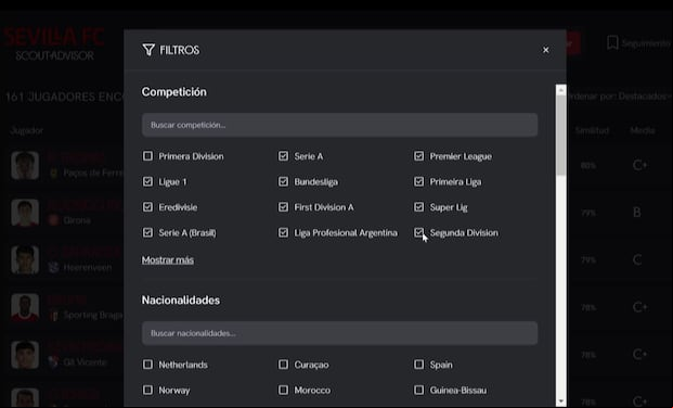 Los filtros de la web Scout Advisor.
