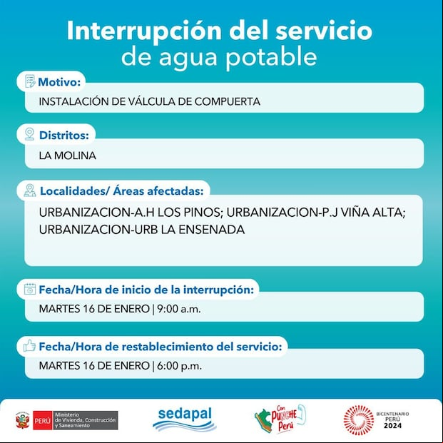 Sedapal informó qué distritos no tendrán agua este martes 16 de enero. (Foto: Twitter)