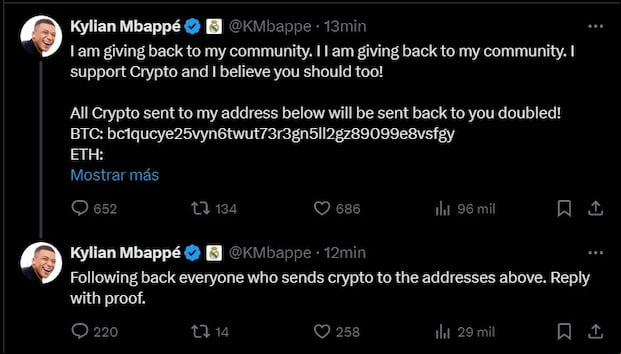 Hackearon a Mbappé: los mensajes que publicó en 'X'. (Foto: X)