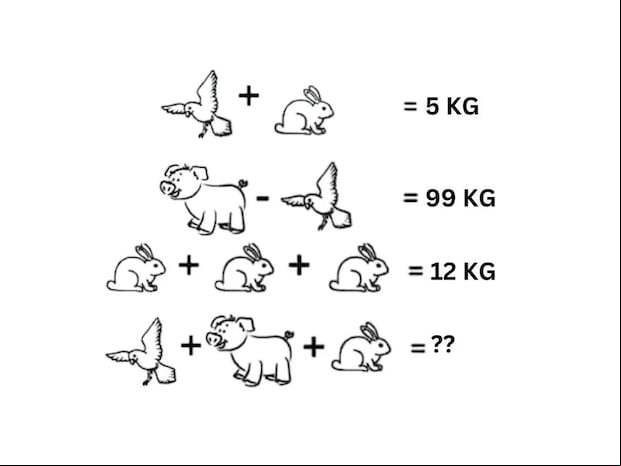 RETO MATEMÁTICO | Con base en las ecuaciones proporcionadas, tendrás que deducir el peso de cada animal. ¡Tienes solo 25 segundos para encontrar la solución!
