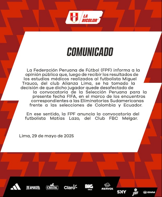 Comunicado de la Selección Peruana anunciando la convocatoria de Matías Lazo. (Foto: La Bicolor)