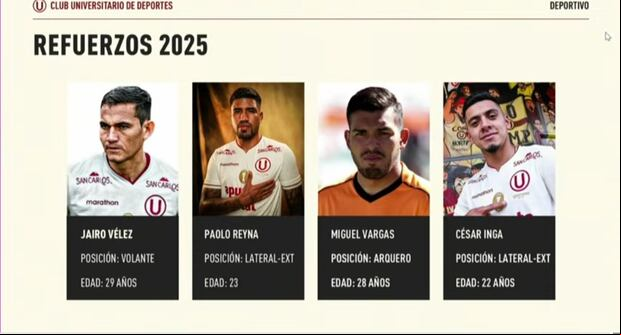 Los cuatro refuerzos de Universitario para el 2025. (Captura Universitario)