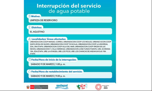 Conoce aquí los distritos que no tendrán agua el 9 de marzo. (Foto: X)
