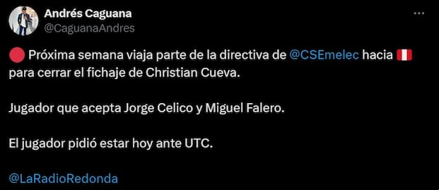 Prensa ecuatoriano informó sobre el interés formal de Emelec por Christian Cueva. (Captura X)
