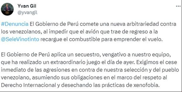 Canciller de Venezuela denunció "un secuestro" del Gobierno de Perú al avión de La Vinotinto.