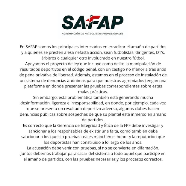 Comunicado oficial de la SAFAP tras la denuncia de Los Chankas. (Imagen: SAFAP)