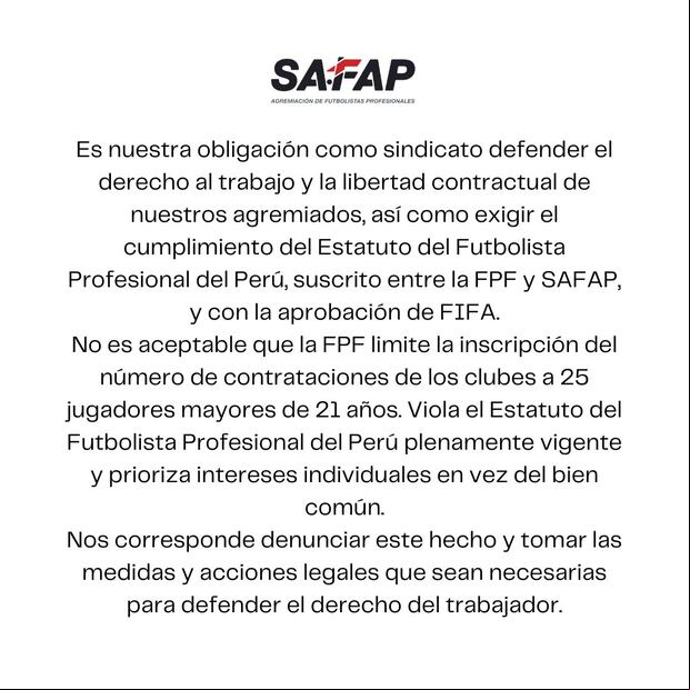 Comunicado que publicó SAFAP en sus redes sociales. (Foto: SAFAP)
