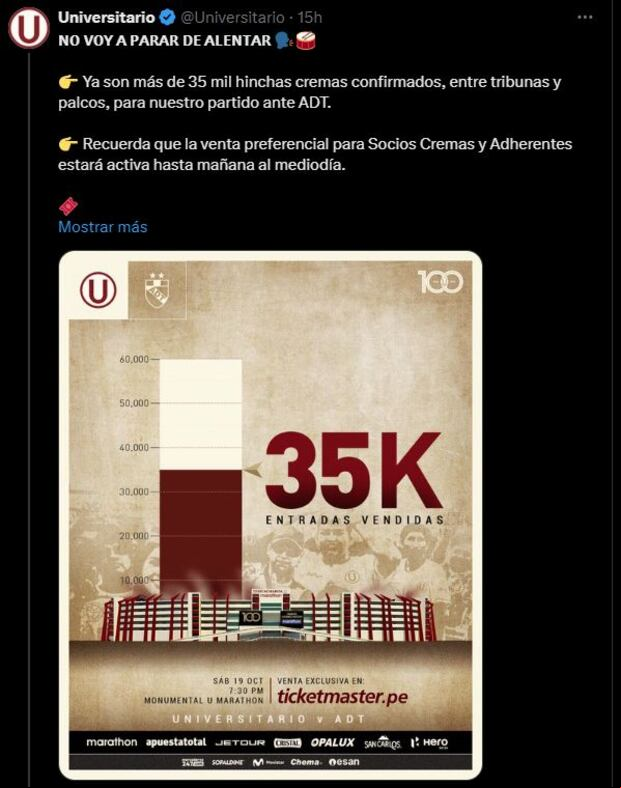 Universitario de Deportes ya agotó 35 mil entradas de las 60 mil que puso a la venta.