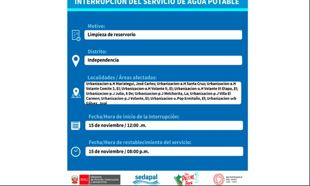 Zonas afectadas con corte de agua el 15 de noviembre. (Foto: Twitter)
