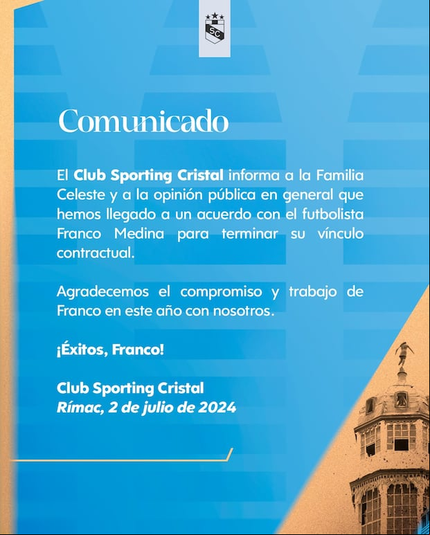 Comunicado de Sporting Cristal sobre Franco Medina.