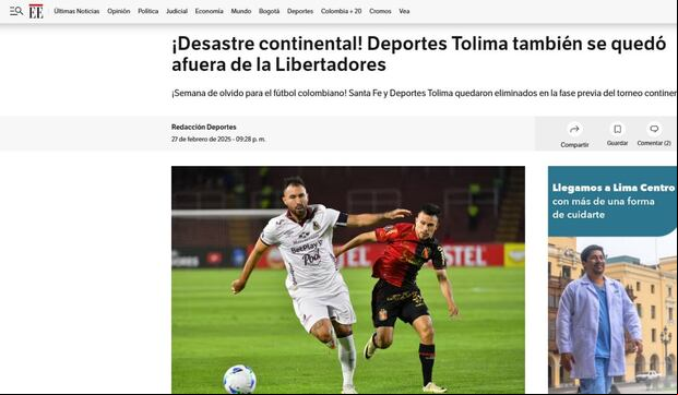 Prensa colombiana habló sobre eliminación de Tolima ante Melgar. (Foto: El Espectador)